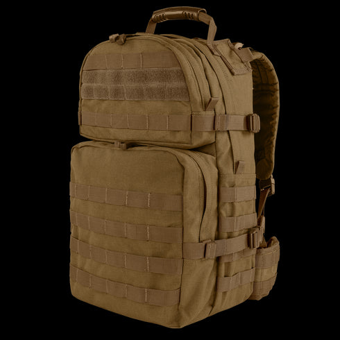 The Condor Medium Assault Backpack 30L is a tan tactical pack with multiple compartments, MOLLE webbing, adjustable straps, and a padded handle—ideal for military or bushcraft use in tough outdoor conditions.